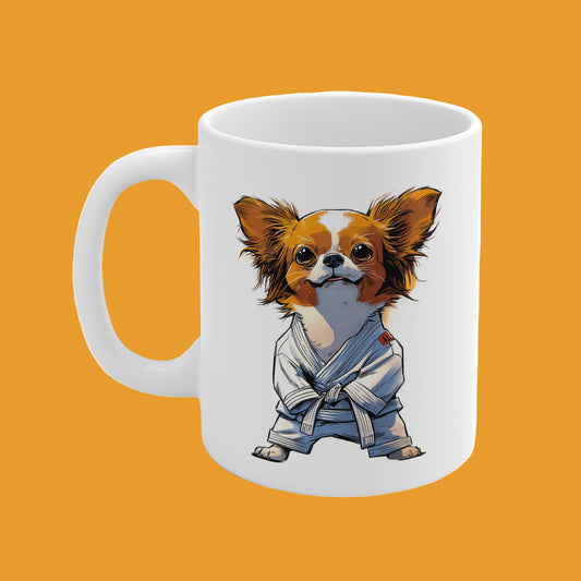 White mug with a cartoon dog in a karate outfit on a white background