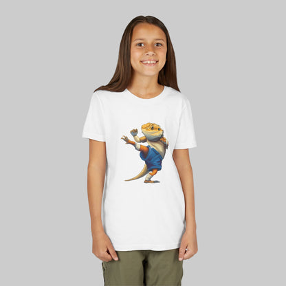 Young girl wearing a white t-shirt with a cartoon bearded dragon graphic on a white background
