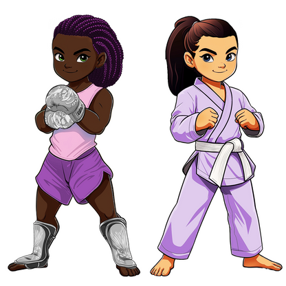 BJJ girl and Muay Thai girl in shin guards and boxing gloves wearing purple