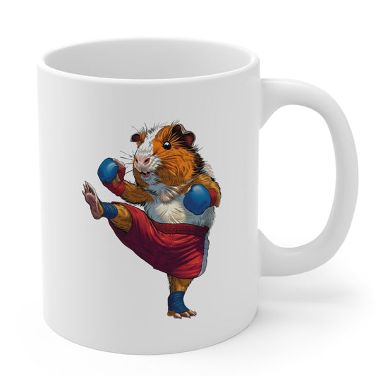 White mug with a design of a guinea pig in martial arts attire on a white background