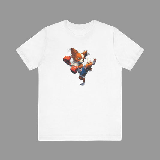 White t-shirt with a dog graphic on a white background