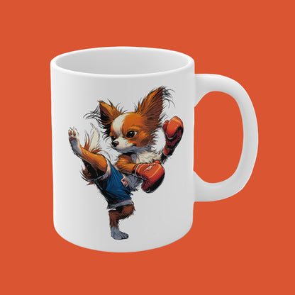 White mug with a Muay Thai dog graphic on a white background