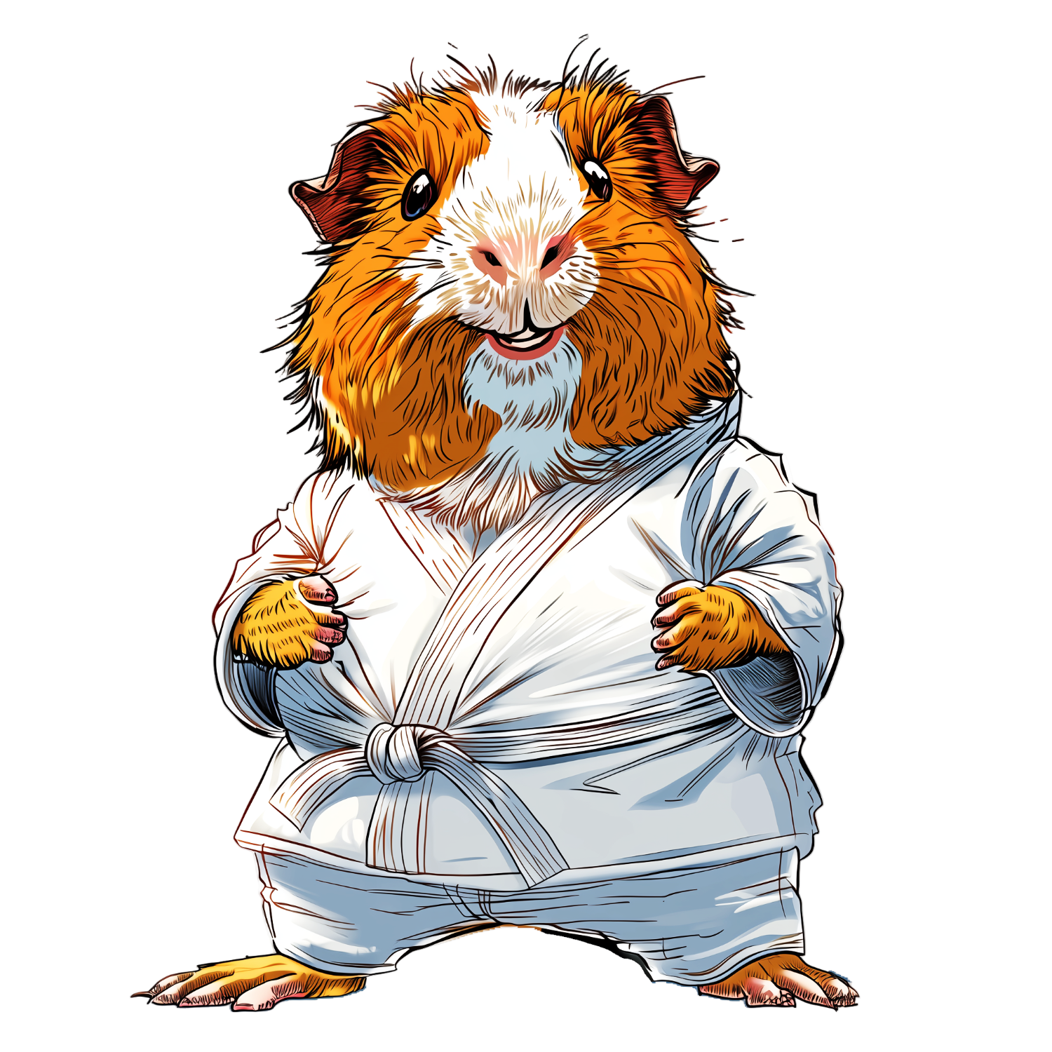 Illustration of a guinea pig in a karate outfit with a white background