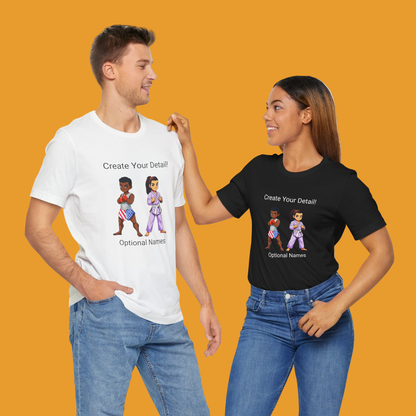 Two people wearing t-shirts with customizable character options for martial arts on a white black grey and navy background