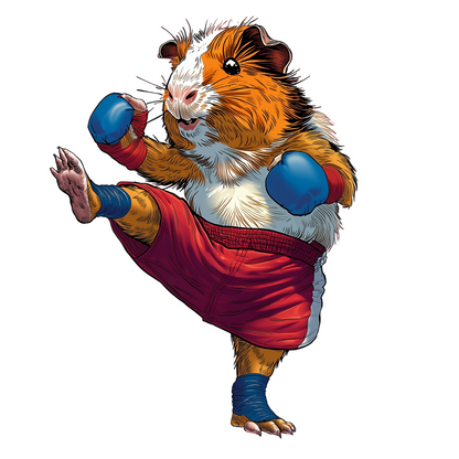 Cartoon guinea pig in a martial arts pose with red outfit and blue bandages.